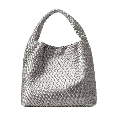 Woven Tote Bag For Women, Large Vegan Leather Travel Handbag, Casual Work Shoulder Bag, Underarm Commuter Hobo Bag With Purse - color: Silver
