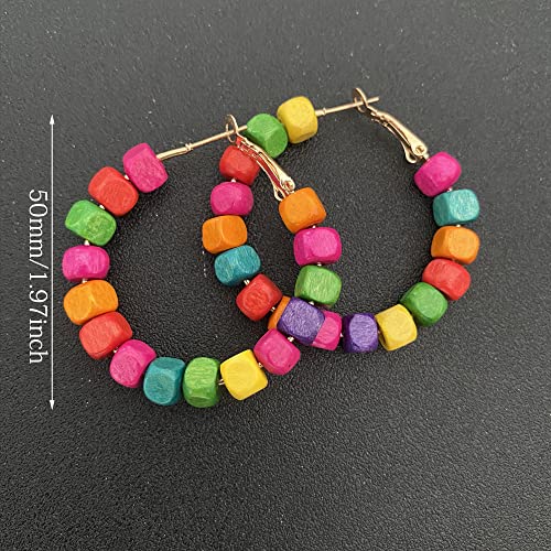 Handmade Nature Wooden Beaded Hoop Earrings Bohemian Minimalist Colorful Circle Round Wood Bead Earrings Vintage Chic Wooden Ethnic Dangle Drop Earrings for Women Statement Jewelry Gifts - color: Color Small Round 3