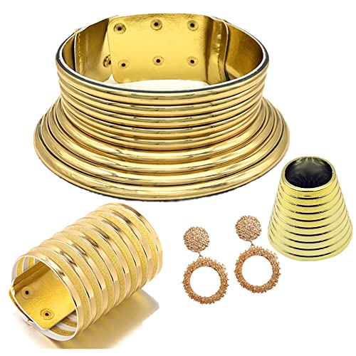 COLORFUL BLING Tribal African National Choker Necklace Snap Leather Chunky Large Punk Gothic Collar Flamboyant Earrings Bracelet Jewelry Set for Women Costume Accessories - style: 4pcs Gold A