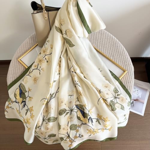 Long Silk Like Scarf Lightweight Satin Scarves Large Sunscreen Shawl Wrap for Women - color: 005.birds and Flowers Beige