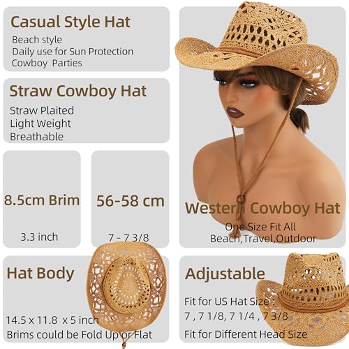 Straw Cowboy Hat for Women and Men with Shapeable Wide Brim Sun Beach Western Cowgirl Hat - color: Khaki