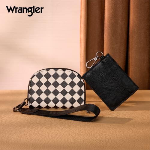 Wrangler KeyChain Wallet Checkered Wristlet Wallets for Women Western Dual Pouch Wristlet Credit Card Holder Wallet - color: Checkered Black