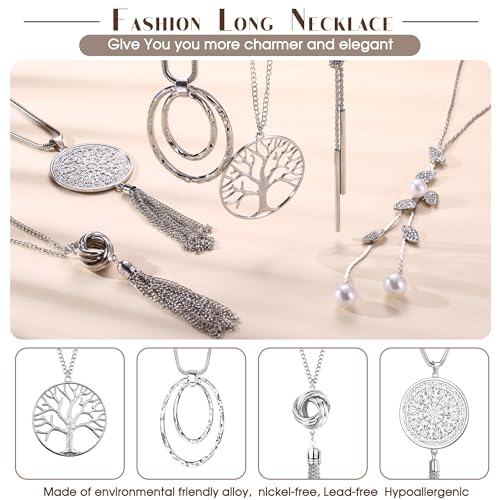 6Pcs Long Necklaces for Women Tassel Pendant Necklace Circle Knot Bar Feather Leaf Sweater Necklace Statement Necklace for Women - color: SILVER-A