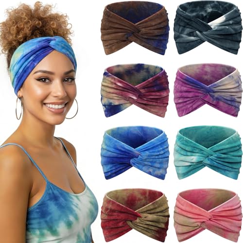 Awumbuk Wide Headbands for Women, 7.08 Inch Thick Boho Turban Style Hair Wraps, Non-Slip Moisture-Wicking Workout Headband for Sports, Yoga, Daily Fashion, 8 Pack Multi Colors (Purple) - color: Purple