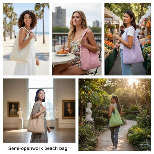 2/4 Pcs Crochet Mesh Beach Tote Bags, Summer Aesthetic Boho Knit Bag for Women Casual Vacation Essentials - color: Beige + Green