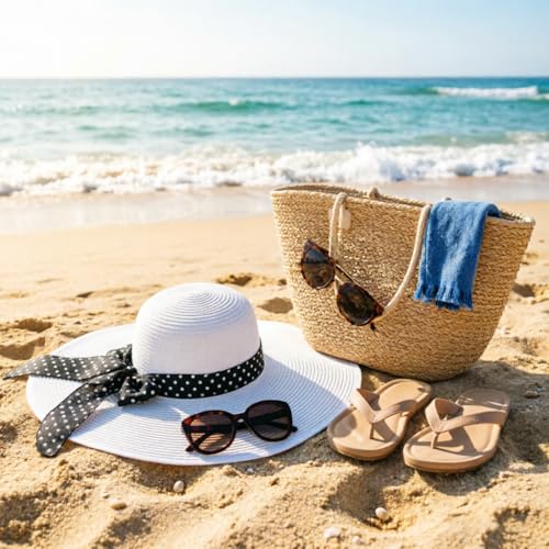DRESHOW Beach Hats for Women Big Straw Wide Brim Summer Hat Floppy Foldable Roll up Cap Sun Hat UPF 50+ - color: 1 Pack: White With Black Polka Dot Band, 4.7" Brim