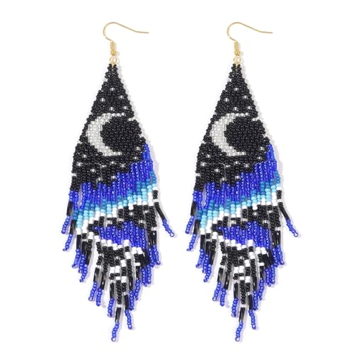 Bohemian Beaded Long Tassel Dangle Earrings for Women, Handmade Jewelry White Tarnish Resistant Lightweight Design, Stylish Accessory for Beach Vacation Party and Gift - color: blue-2