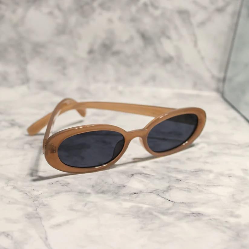 90s Sunglasses for Women Men Retro Small Oval Sunglasses - color: Light Tea/Grey