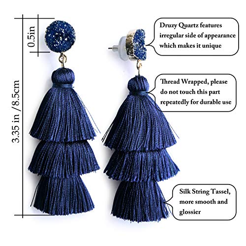 Me&Hz Colorful Layered Tassel Earrings Bohemian Statement Tiered Tassel Big Dangle Drop Earrings for Women Druzy Studs Valentine’s Day Gift - color: Navy Blue