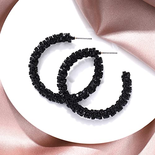 Rhinestone Hoop Earring for Women Sparkly Crystal Wrapped Hoop Dangle Earrings Statement Boho Gold Black Plated CZ Hoop Earring - color: A:Cool Black