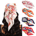 AWAYTR 27.5” Silk Satin Square Head Scarf - 4PCS Satin Head Scarves for Women Hair Kerchief Bandanas Sleeping Head Wraps - color: Flowering Leaves (Beige/Orange/Navy/Red)