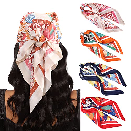 AWAYTR 27.5” Silk Satin Square Head Scarf - 4PCS Satin Head Scarves for Women Hair Kerchief Bandanas Sleeping Head Wraps - color: Flowering Leaves (Beige/Orange/Navy/Red)