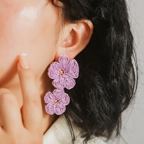 Boho Flower Earrings Statement Raffia Dangle Earrings Cute Floral Jewelry Trendy Summer Beach Vacation Outfits for Women - color: Purple