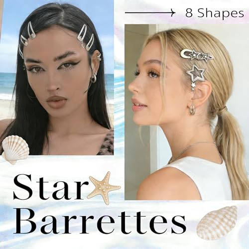 10PCS Y2K Silver Star Hair Clips, 8 Different Shapes Metal Pentagram Barrettes, Punk Kawaii 2000s Hair Clips Cute Y2K Accessories WomenStar Clips Hair for Women and Girls