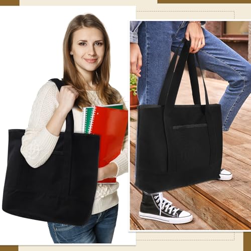 Reginary 16 Pcs Canvas Tote Bags Bulk with Outer Pocket 18 Inch Reusable Shopping Grocery Blank Tote Bag for Women Mother DIY (Black) - color: Black