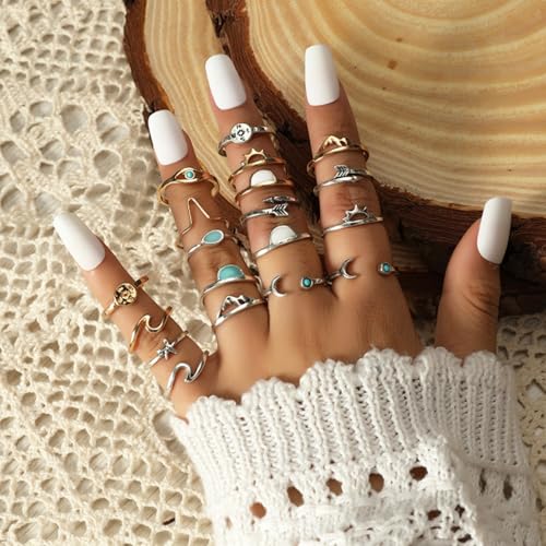 Boho Stackable Rings for Women Trendy Knuckle Joint Finger Knuckle Nail Ring Sets Simple Star Moon Stack Preppy Statement Rings Cute Stuff - style: A-1