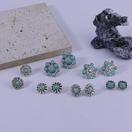 Western Earrings for Women Bohemian Turquoise Earring Set Vintage Turquoise Stud Earring for Women Flower Cowboy Earrings Western Country Concert Rodeo Outfits Jewelry Gift - color: Blue