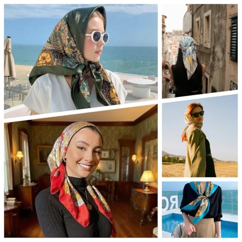 Large Square Head Satin Scarf Silk Feeling Hair Scarf 35"Head Scarves Bandana for Women Headscarfs for Women's Hair - color: C1-blue