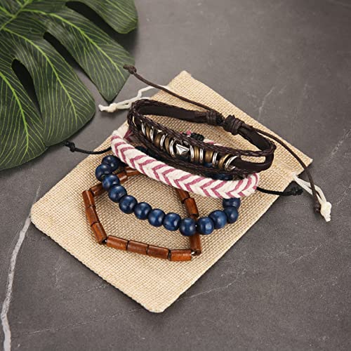 HZMAN Wrap Bracelets Men Women, Hemp Cords Wood Beads Ethnic Tribal Bracelets, Leather Wristbands - style: Hand-made 4 MIX