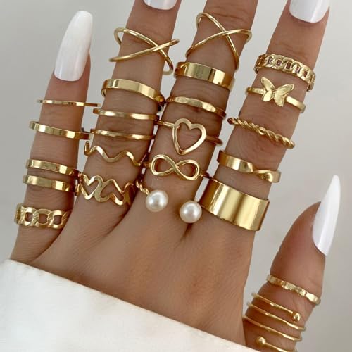 Vintage Silver/Gold/Black Kunckle Rings Set for Women Boho Stackable Rings Butterfly Pearl Heart Rings Open Adjustable Finger Rings Statement Rings Set Jewelry Gifts - color: Gold