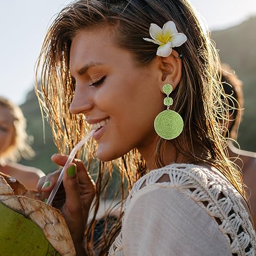Boho Raffia Ball Earrings for Women, Handmade Statement Drop Earrings Straw Dangle Earrings Beach Vacation Jewelry - color: Lemon Green