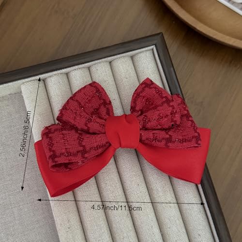 2Pcs Red & Pink Grid Velvet Big Bow Hair Clips for Women Girls, Cute Aesthetic No-Long-Tail Hair Barrettes for Daily Wear