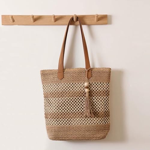 Aphoraeny Straw Beach Bag Buckets Totes Handbag Shoulder Tote Bag Straw Purse Summer Purse Women Summer Handbag - color: B-brown Stripes