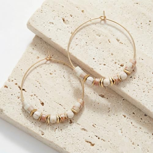 Natural Stone Beaded Hoop Earrings for Women, Boho Handmade Lightweight Hypoallergenic Trendy Summer Beach Accessories Fashion Jewelry Gift - color: beige