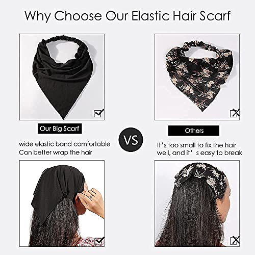 Vercret 6 Pack Hair Scarf Headband for Women Elastic Bandana Head Scarf Large Boho Triangle Kerchief with Clips Non Slip Scarves - color: B Pack Dark Colors