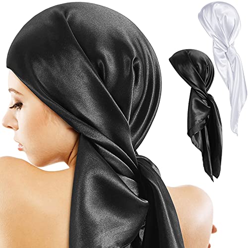 SATINIOR 35 Inch Silky Head Scarf 2 Pcs Large Square Neck Scarf Sleeping Hair Wrapping Satin Bandana for Women - color: Black, White, style: Classic