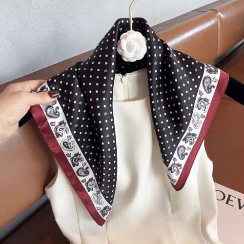 Aufeel Women's 100% Pure Mulberry Silk Small Square Scarf - Neckerchief Women - Silk Headscarf - 21" x 21" - color: Black Dot