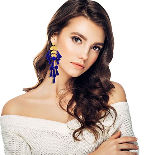 Long Tassel Earrings for Women Colorful Fringe Drop Dangle Earrings Bohemian Hawaiian Summer Beach Jewelry for Womens Vacation Outfits - color: Royal Blue