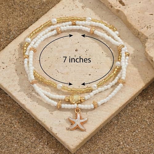 Boho Beads Beach Layered Anklet Set for Women, Handmade Gold Starfish Pearl Shell Anklets Summer Ocean Accessories Jewelry Gift - color: Gold Starfish Shell