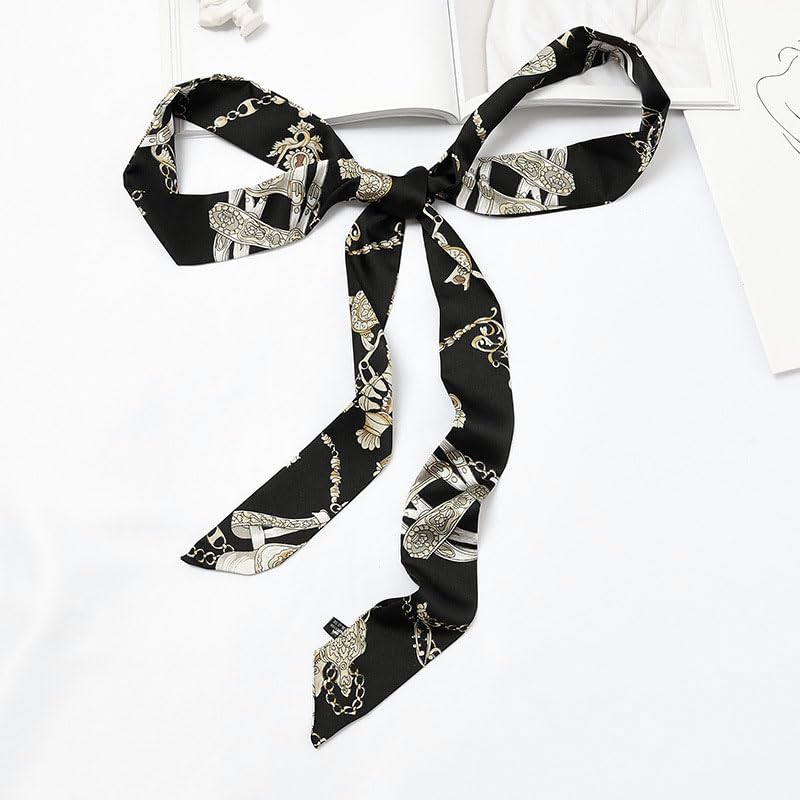 Long Thin Skinny Scarf Satin Neckerchief Ribbon Tie Waist Belt for Women - color: Chain Black