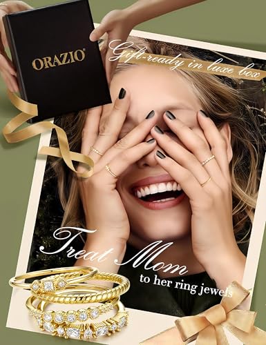 ORAZIO 14K Gold Plated Stackable Rings for Women Non Tarnish Dainty Cubic Zirconia Wedding Engagement Bands Ring Set Minimalist Trendy Statement Anniversary Promise Thumb Stacking Rings Size 6-10 - color: White CZ-Gold Tone