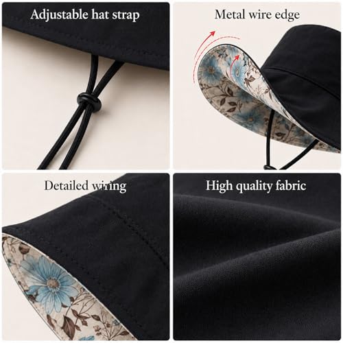 HUAMULAN Women Summer Sun Hat Wide Brim Wired Edge Floral Beach Bucket Hats Reversible Foldable Travel UV Protection Lady Hat - color: M2320-black