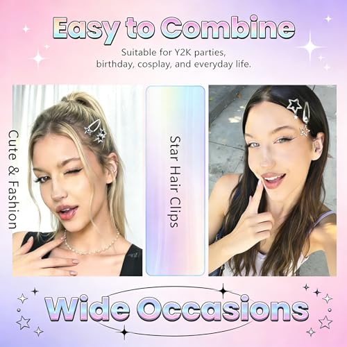 10PCS Y2K Silver Star Hair Clips, 8 Different Shapes Metal Pentagram Barrettes, Punk Kawaii 2000s Hair Clips Cute Y2K Accessories WomenStar Clips Hair for Women and Girls