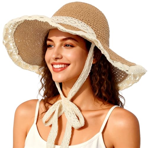 Beach Hats for Women - Beach Hat Womens UPF 50+, Packable Sun Hat Women Roll Up, Wide Brim Straw Hat for Women - color: Khaki Sun Hat