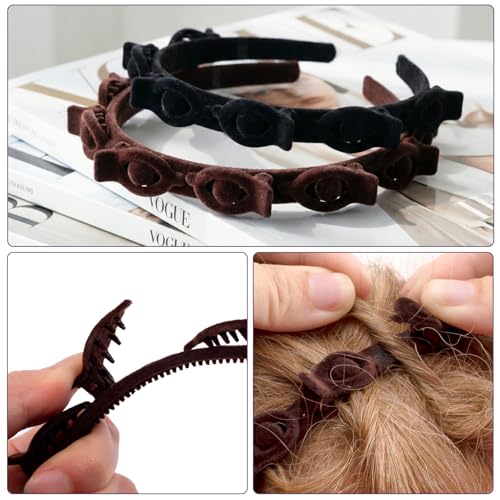 2 Pcs Headband with Clips, 90s Butterfly Hair Clips Headband with Teeth for Women, Braided Weave Bangs Non-Slip Clip Headbands Hair Accessories for Styling Decoration - 2 Colors - color: 2 Pcs,Flocked Black/Flocked Dark Coffee