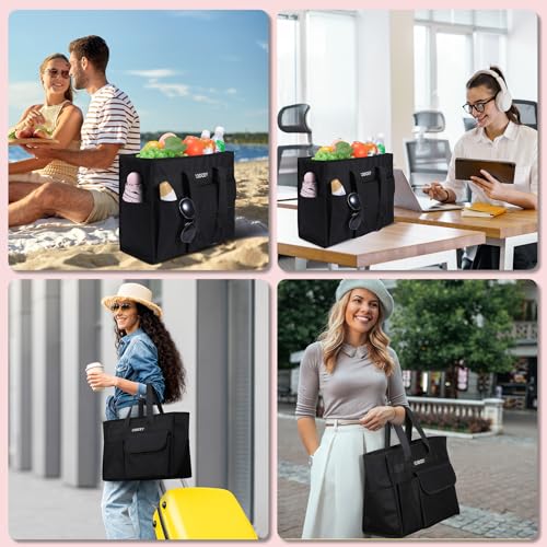 Large Utility Tote Bag with Reinforced Bottom, Waterproof Multi Pockets Beach Tote Bag for Travel, Work, School - color: Black