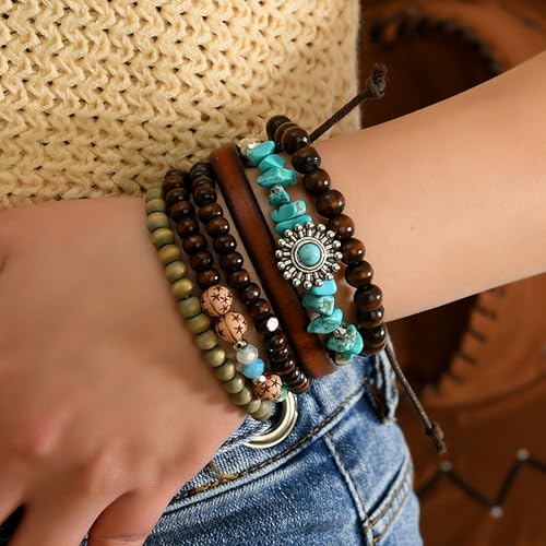 Long tiantian Western Turquoise Beaded Bracelet Set for Women Stackable Cowgirl Bracelets Boho Concho Jewelry Country Concert Rodeo Outfit Accessories Gifts - color: E4:western wooden dress