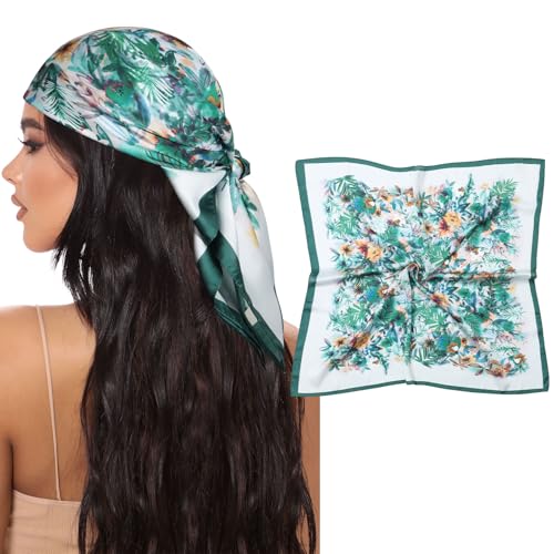 AWAYTR 27.5” Square Satin Head Scarf Hair Scarf for Women's Hair Silk Bandana for Women Silk Head Wrap for Sleeping - color: Flower (Dark Green)