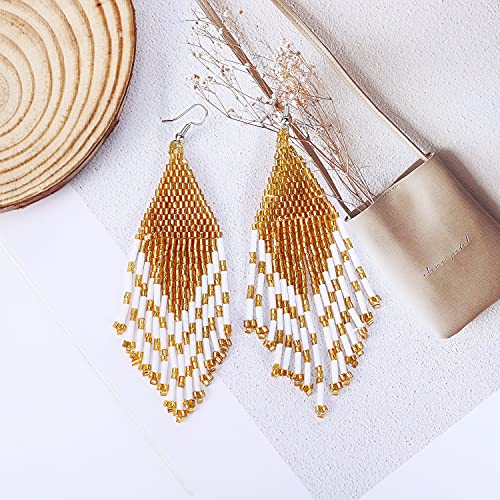 Long Beaded Tassel Earrings - Bohemia Colorful Bead Handmade Beaded Tassel Earrings，Gifts and Christmas - color: Classic white