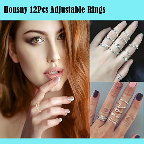 Honsny 12PCS Silver Plated Rings Adjustable Open Rings for Women Cute Gold Plated Stackable Thumb Rings Joint Chain Midi FingerArrow Knot Wave Band Rings Set - color: 12PCS Silver B