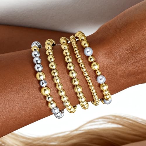 Gold Beaded Bracelets for Women: 14K Gold Bracelets for Women Trendy Dainty Gold Ball Bracelet Stack for Womens - Boho Stretch Bracelets Jewelry Sets with Cross Fashion Accessories Gifts for Women - style: Silver Bead