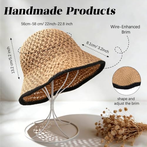 Sun Hat for Women Beach Hat Straw Bucket Hat Summer UV Protection, Packable Breathable Crochet Style - color: 1pack-khaki-black-brim