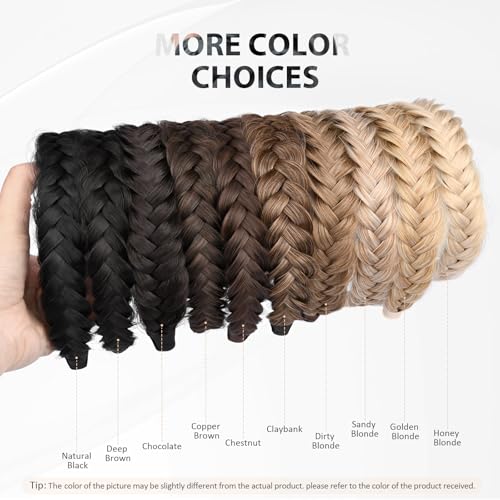 2PCs Braided Headband with teeth Handmade Messy Wide Synthetic Hair Elastic Stretch Fluffy Hairpiece for Brides (Chestnut) - color: Chestnut