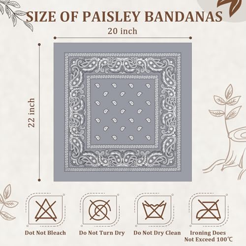 12 Pack Bandanas Unisex Paisley Cowboy Bandanas Bulk Multi Purpose Headband Scarf for Men Women Costume - color: Light Gray, style: Classic