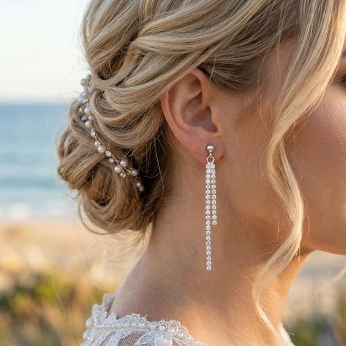 SLUYNZ 925 Sterling Silver Simulated Diamond Drop Earrings Linear Dangle Earrings for Women Teens Eelgant Wedding Bridal Prom Earrings Dainty CZ Long Dangling Earrings Tassel 4.5 cm/7.5 cm - color: A-Silver-4.5cm