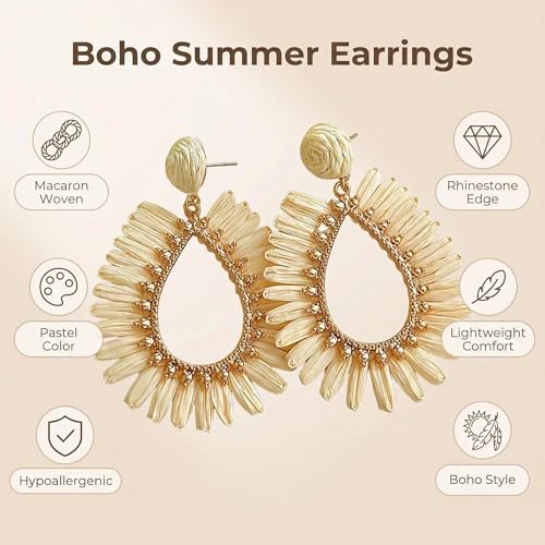 Woven Raffia Rattan Earrings for Women, Boho Flower Hoop & Drop Dangle Earrings Collection, Handmade Summer Beach Vacation Statement Earrings for Party Daily Wear - color: Raffia Fan Teardrop